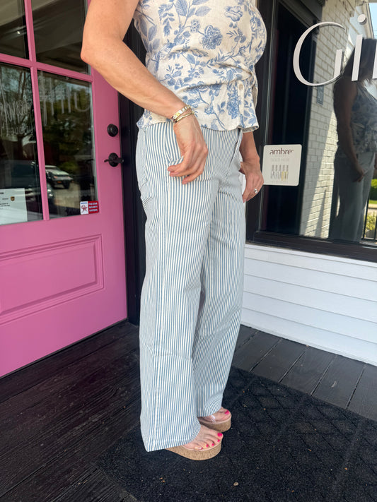 Blue Stripe High Rise Slim Palazzo Wide Leg Jeans, Petra153