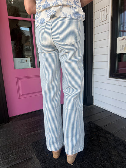 Blue Stripe High Rise Slim Palazzo Wide Leg Jeans, Petra153