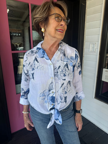 Peonies Print Linen Top