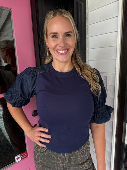 Denim Puff Top