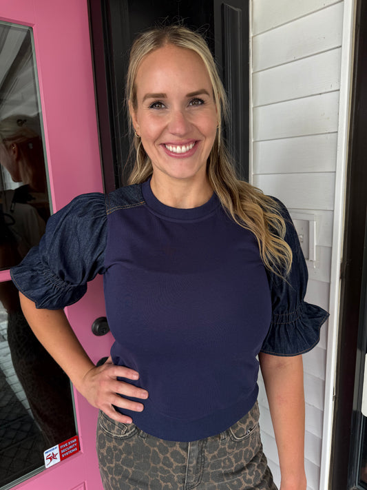 Denim Puff Top