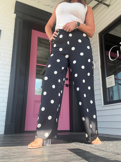 Polka Dot Satin Wide-Leg Pants