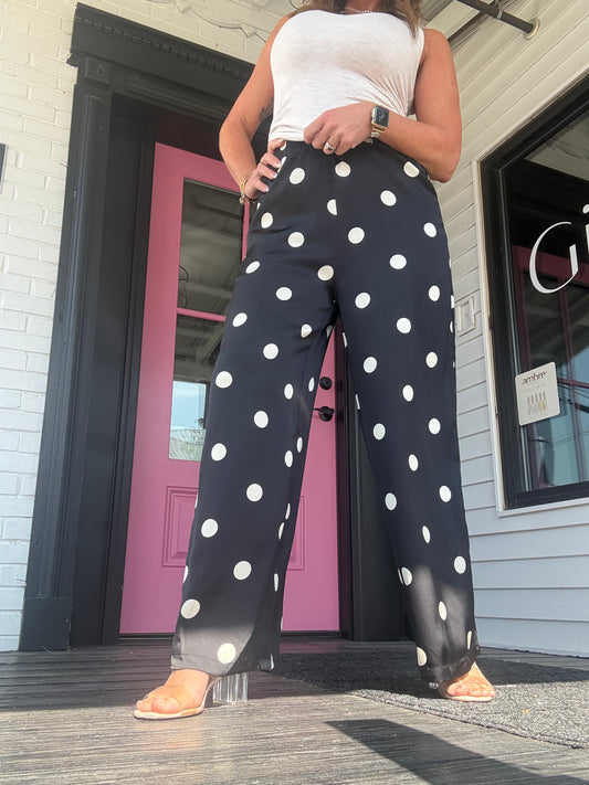 Polka Dot Satin Wide-Leg Pants