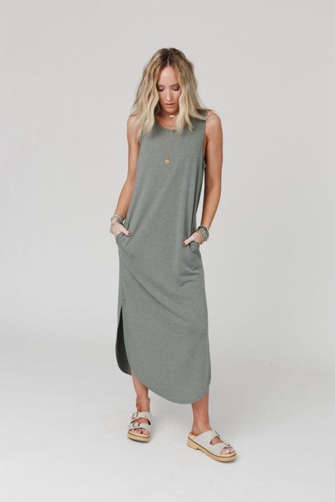 Cassie Sleeveless Pocket Maxi Dress - Light Olive