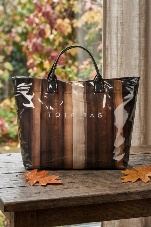 Brown Striped Vinyl Tote Bag