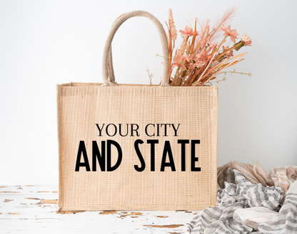 CUSTOM City and State Burlap Tote Bag - GirlFriends Boutique