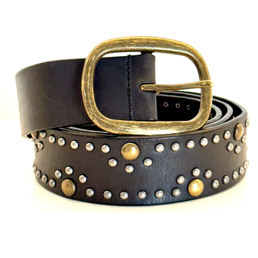 Black Leather Belt with Aged Brass and Silver Studs