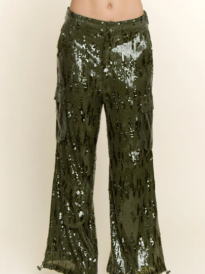 Wide-Leg Sequin Cargo Pants