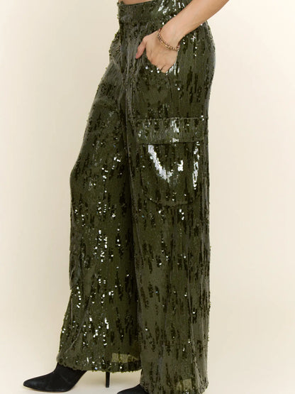 Wide-Leg Sequin Cargo Pants