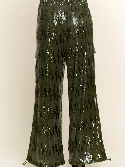 Wide-Leg Sequin Cargo Pants