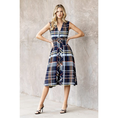 Plaid Sleeveless Midi Dress with Zipper Front