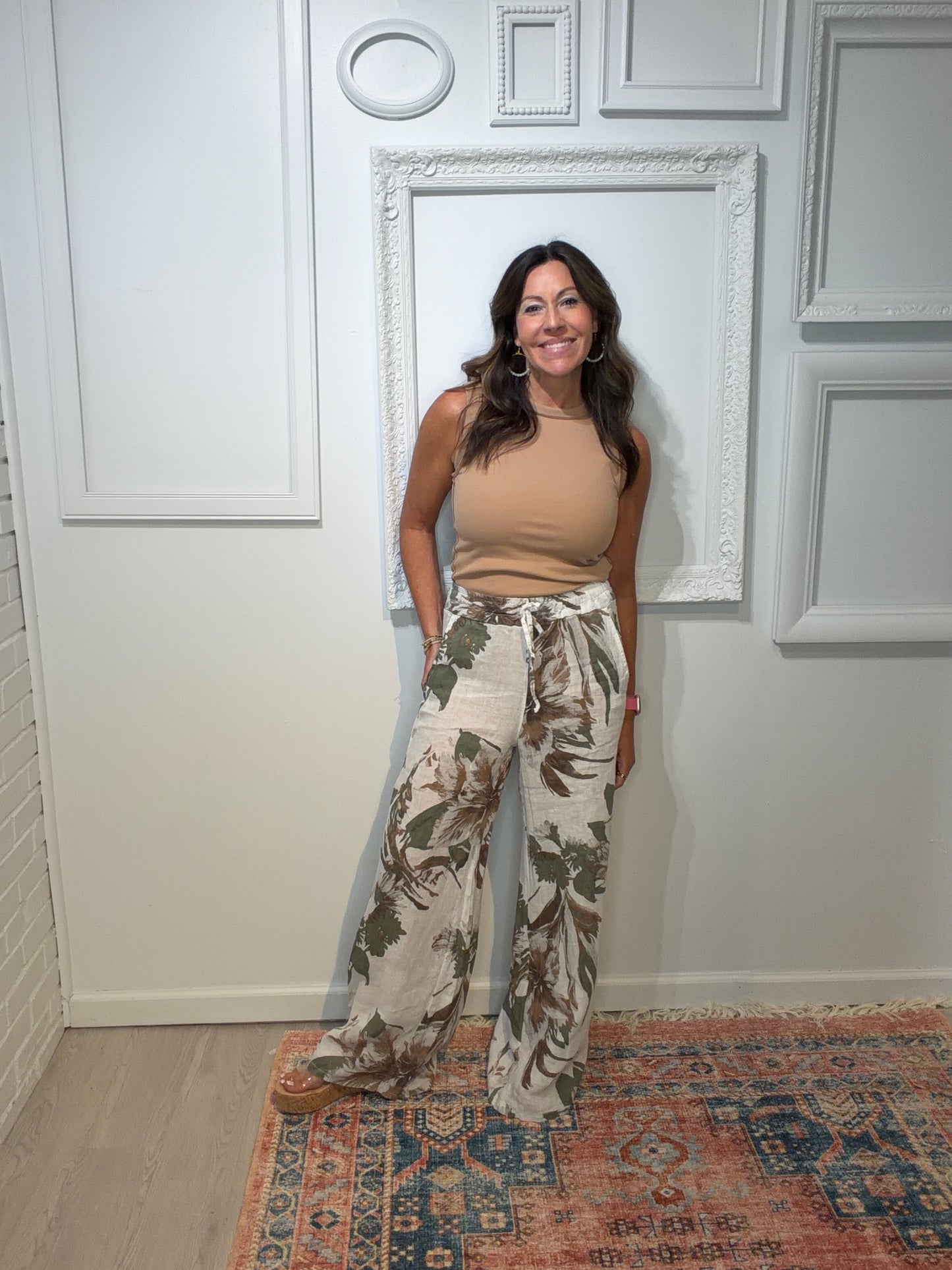 Peonies Print Linen Pants