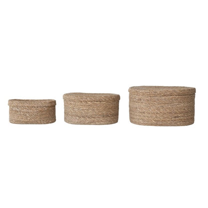 Oval Hand-Woven Seagrass Basket with Lid, Natural