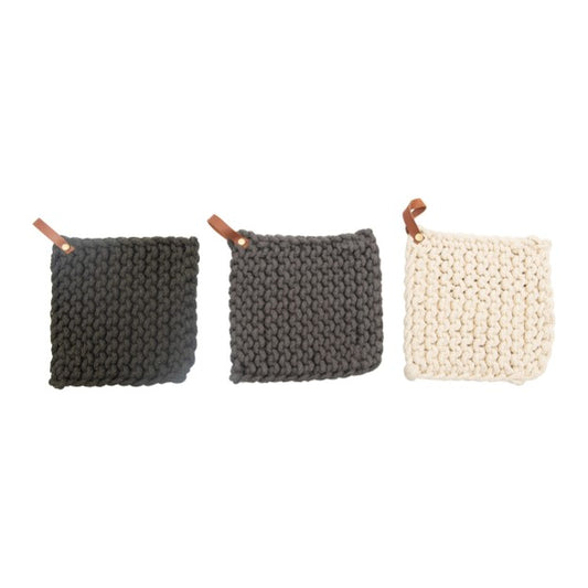 Cotton Crocheted Pot Holder w/ Leather Loop