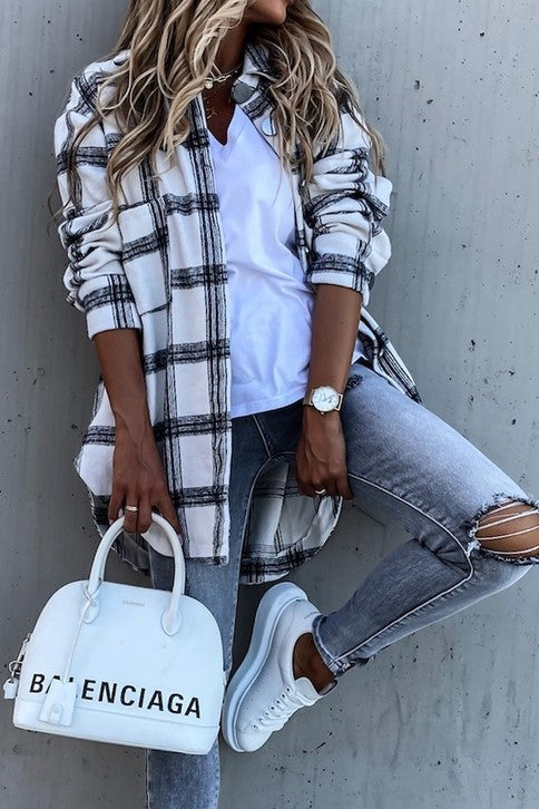 Samantha Plaid Oversized Buttoned Shacket, Black and White - GirlFriends Boutique