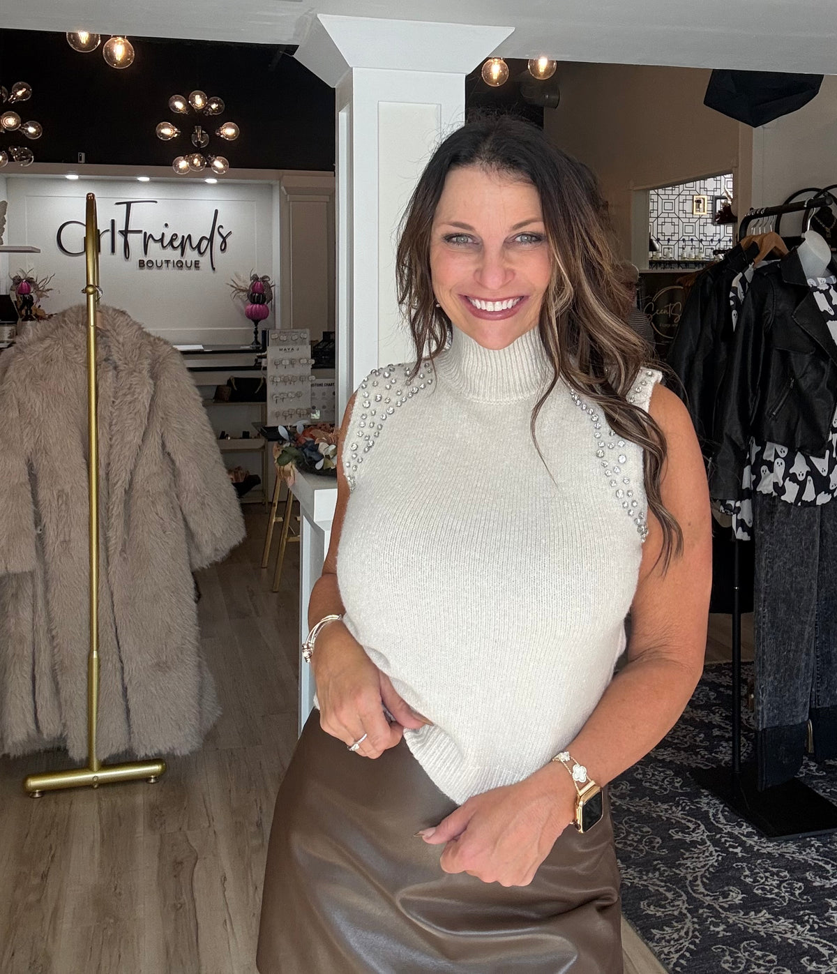 Crystal Embellished Mock Neck